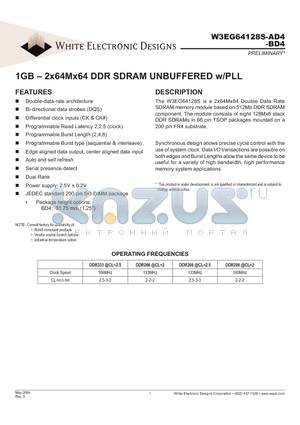 W3EG64128S-AD4 datasheet - 1GB - 2x64Mx64 DDR SDRAM UNBUFFERED w/PLL