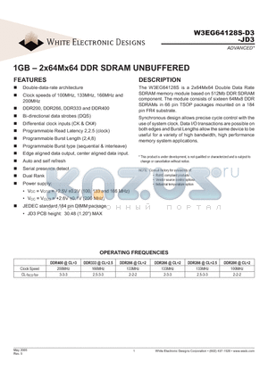 W3EG64128S-JD3 datasheet - 1GB - 2x64Mx64 DDR SDRAM UNBUFFERED