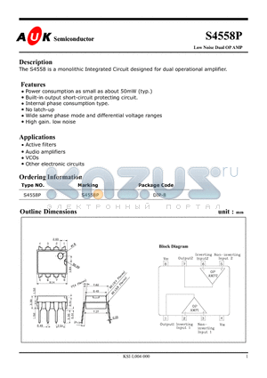 S4558P datasheet - Low Noise Dual OP AMP