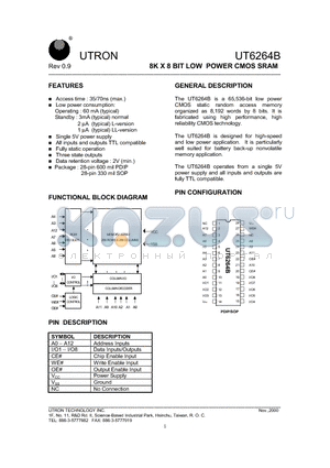 UT6264B datasheet - 8K X 8 BIT LOW POWER CMOS SRAM