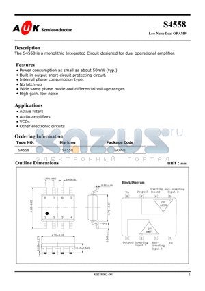 S4558 datasheet - Low Noise Dual OP AMP