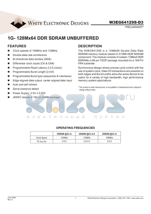 W3EG64129S202D3 datasheet - 1G- 128Mx64 DDR SDRAM UNBUFFERED