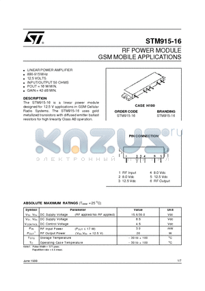 STM915-16 datasheet - RF POWER MODULE GSM MOBILE APPLICATIONS