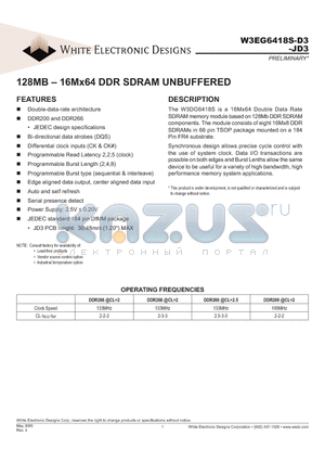 W3EG6418S-JD3 datasheet - 128MB - 16Mx64 DDR SDRAM UNBUFFERED