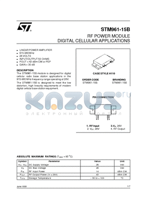 STM961-15B datasheet - RF POWER MODULE DIGITAL CELLULAR APPLICATIONS