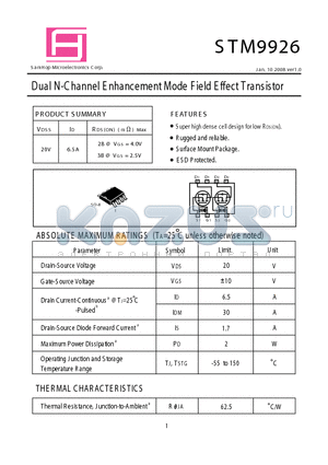 STM9926 datasheet - Dual N-Channel E nhancement Mode F ield E ffect Transistor