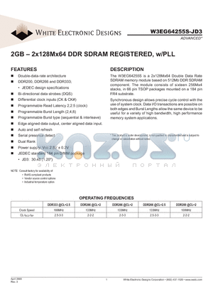 W3EG64255MS133JD3SG datasheet - 2GB - 2x128Mx64 DDR SDRAM REGISTERED, w/PLL