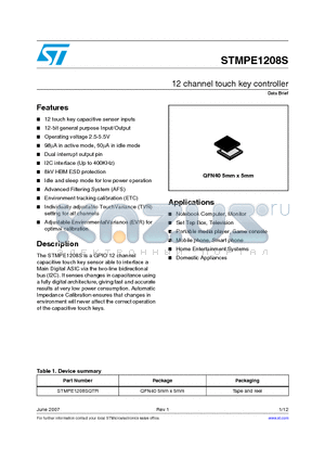 STMPE1208SQTR datasheet - 12 channel touch key controller