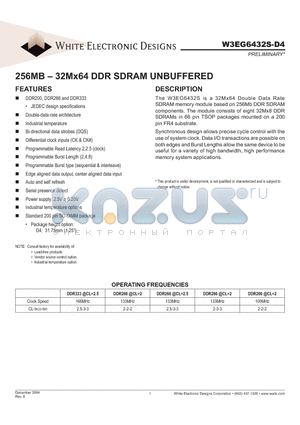 W3EG6432S202D4I datasheet - 256MB - 32Mx64 DDR SDRAM UNBUFFERED