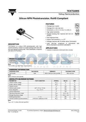 TEKT5400S datasheet - Silicon NPN Phototransistor, RoHS Compliant