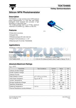 TEKT5400S-ASZ datasheet - Silicon NPN Phototransistor