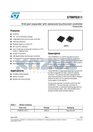 STMPE811 datasheet - 8-bit port expander with advanced touchscreen controller