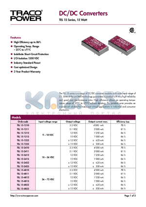 TEL15 datasheet - DC/DC Converters - TEL 15 Series, 15 Watt