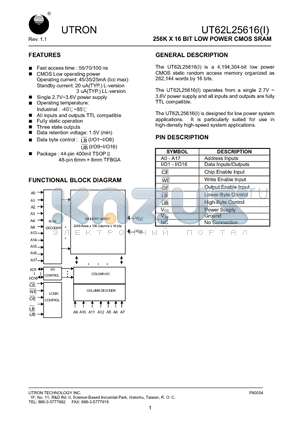 UT62L25616BS-70LLI datasheet - 256K X 16 BIT LOW POWER CMOS SRAM