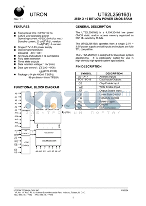 UT62L25616I datasheet - 256K X 16 BIT LOW POWER CMOS SRAM