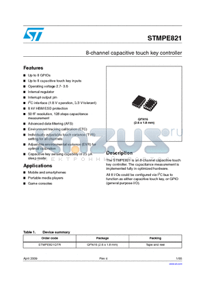 STMPE821QTR datasheet - 8-channel capacitive touch key controller