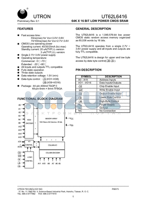 UT62L6416BS-70L datasheet - 64K X 16 BIT LOW POWER CMOS SRAM