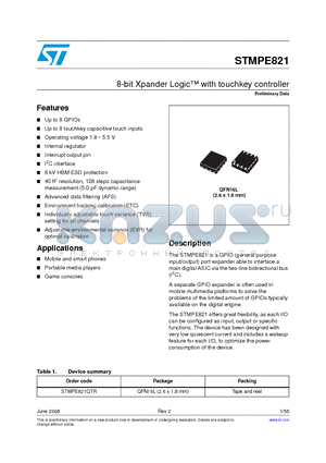 STMPE821QTR datasheet - 8-bit Xpander Logic with touchkey controller