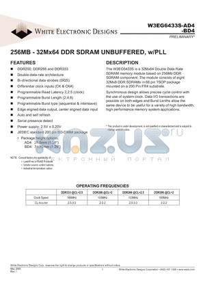 W3EG6433S-BD4 datasheet - 256MB - 32Mx64 DDR SDRAM UNBUFFERED, w/PLL