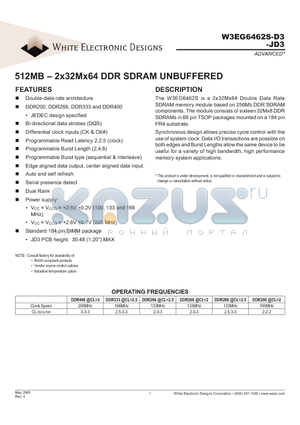 W3EG6462S202JD3 datasheet - 512MB - 2x32Mx64 DDR SDRAM UNBUFFERED