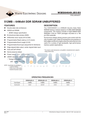 W3EG6464S-JD3 datasheet - 512MB - 64Mx64 DDR SDRAM UNBUFFERED