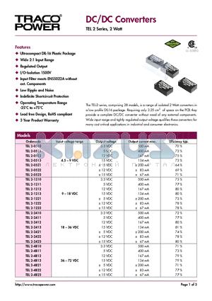 TEL2-0522 datasheet - DC/DC Converters - TEL 2 Series, 2 Watt