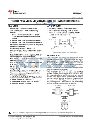 TPS73250-Q1 datasheet - Cap-Free, NMOS, 250-mA Low-Dropout Regulator with Reverse Current Protection