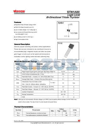 STN1A80 datasheet - Logic Level Bi-Directional Triode Thyristor