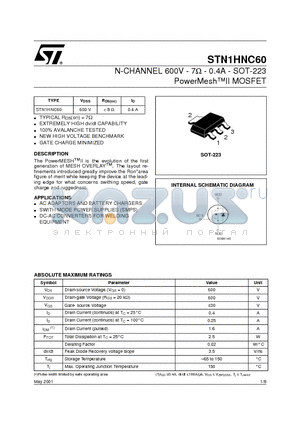 STN1HNC60 datasheet - N-CHANNEL 600V - 7ohm - 0.4A - SOT-223 PowerMeshII MOSFET