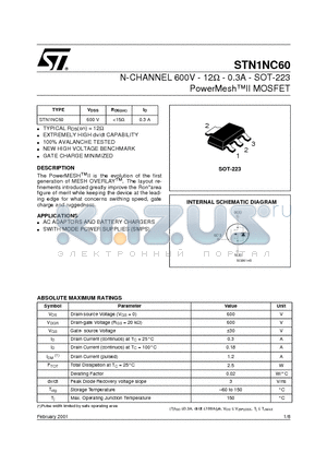 STN1NC60 datasheet - N-CHANNEL 600V - 12ohm - 0.3A - SOT-223 PowerMeshII MOSFET