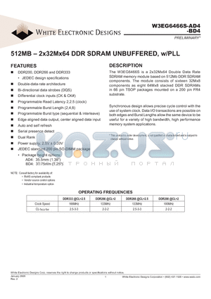 W3EG6466S-BD4 datasheet - 512MB - 2x32Mx64 DDR SDRAM UNBUFFERED, w/PLL