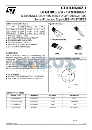 STN1NK60Z datasheet - N-CHANNEL 600V 13 OHM 0.8A TO-92/IPAK/SOT-223 Zener-Protected SuperMESH MOSFET