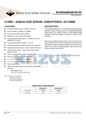 W3EG64M64ETSU335D4SG datasheet - 512MB - 64Mx64 DDR SDRAM, UNBUFFERED, SO-DIMM
