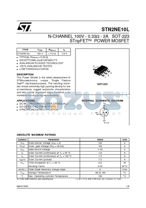 STN2NE10L datasheet - N-CHANNEL 100V - 0.33ohm - 2A SOT-223 STripFET POWER MOSFET