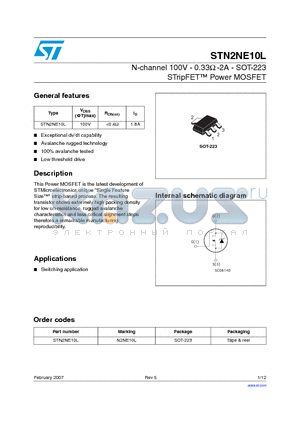 STN2NE10L_07 datasheet - N-channel 100V - 0.33 -2A - SOT-223