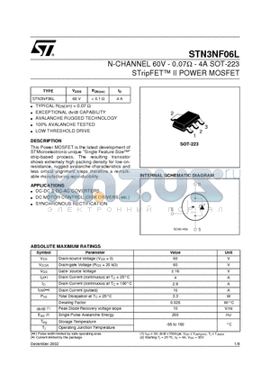 STN3NF06L datasheet - N-CHANNEL 60V - 0.07ohm - 4A SOT-223 STripFET II POWER MOSFET