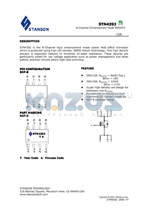 STN4392 datasheet - STN4392 is the N-Channel logic enhancement mode power field effect transistor which is produced using high cell density, DMOS trench technology.