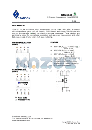 STN4346 datasheet - STN4392 is the N-Channel logic enhancement mode power field effect transistor which is produced using high cell density, DMOS trench technology.