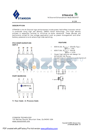 STN4438 datasheet - STN4438 is the N-Channel logic enhancement mode power field effect transistor which is produced using high cell density, DMOS trench technology.