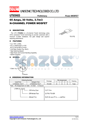 UT65N03L-TA3-T datasheet - 65 Amps, 30 Volts, 3.7mY N-CHANNEL POWER MOSFET