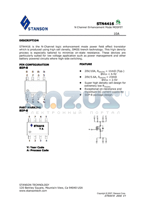 STN4416 datasheet - STN4416 is the N-Channel logic enhancement mode power field effect transistor which is produced using high cell density, DMOS trench technology.