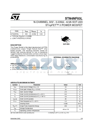 STN4NF03 datasheet - N-CHANNEL 30V - 0.039ohm - 6.5A SOT-223 STripFET II POWER MOSFET