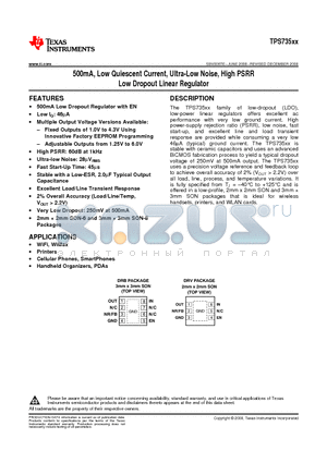 TPS73501 datasheet - 500mA, Low Quiescent Current, Ultra-Low Noise, High PSRR Low Dropout Linear Regulator