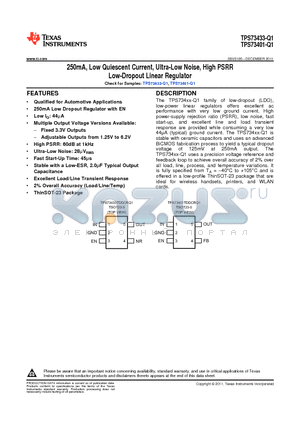 TPS73433TDDCRQ1 datasheet - 250mA, Low Quiescent Current, Ultra-Low Noise, High PSRR Low-Dropout Linear Regulator