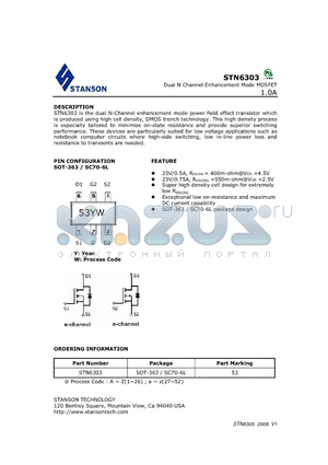 STN6303 datasheet - STN6303 is the dual N-Channel enhancement mode power field effect transistor which is produced using high cell density, DMOS trench technology.
