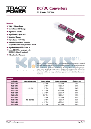 TEL5-1210 datasheet - DC/DC Converters - TEL 5 Series, 5/6 Watt