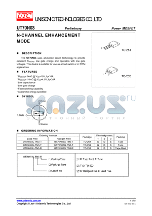 UT70N03L-TN3-T datasheet - N-CHANNEL ENHANCEMENT MODE