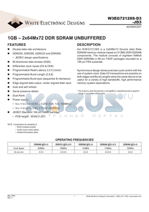 W3EG72128S-D3 datasheet - 1GB - 2x64Mx72 DDR SDRAM UNBUFFERED