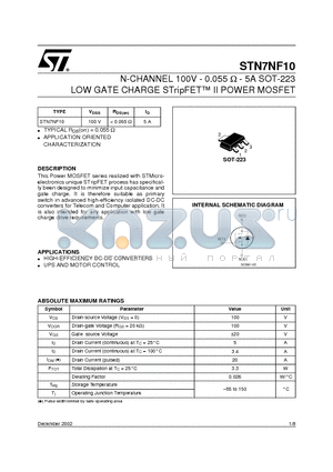 STN7NF10 datasheet - N-CHANNEL 100V - 0.055 ohm - 5A SOT-223 LOW GATE CHARGE STripFET II POWER MOSFET