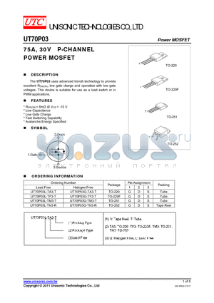 UT70P03G-TA3-T datasheet - 75A, 30V P-CHANNEL POWER MOSFET